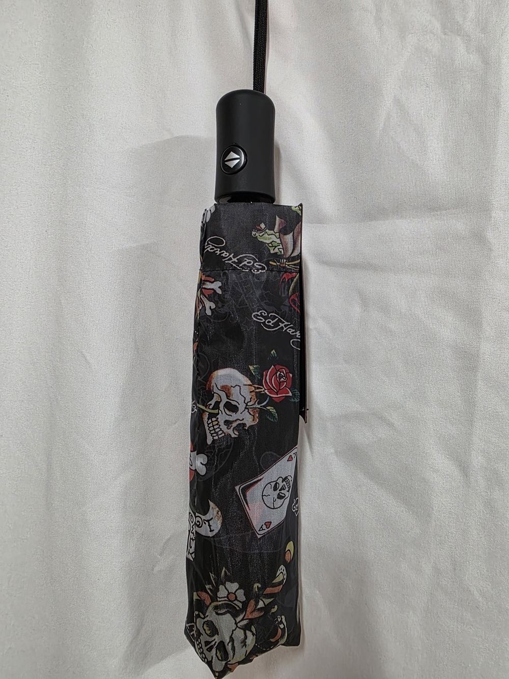 NWT Ed Hardy Black Umbrella with Red Rose & White Skull Print